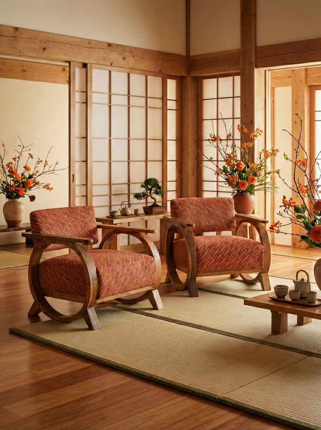 Coppia poltrona Cedro e Tessuto color "Terracotta"